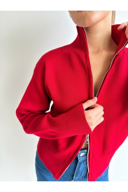 High Collar Double-Way Zipper Knitwear Cardigan