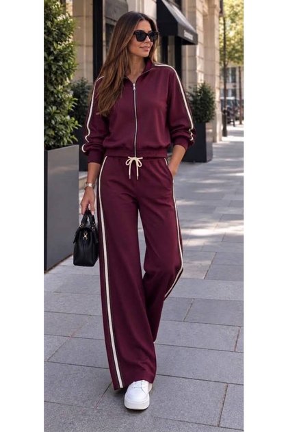 Trening damă Ramona, bluză cu fermoar și pantaloni largi cu vipușcă Bordo