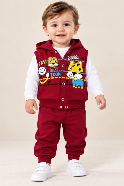 Baby Boy 3-Piece Set Printed Hooded Vest & Sweatshirt and Pants