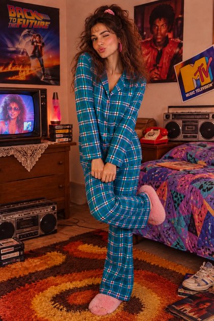 80's Model Blue Color Suede Velvet Plaid Patterned Long Sleeve Front Buttoned Shirt Collar Casual Pajama Set