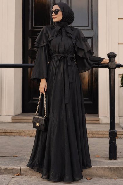 Black Hijab Dress with Cape and Floral Detail 26162S