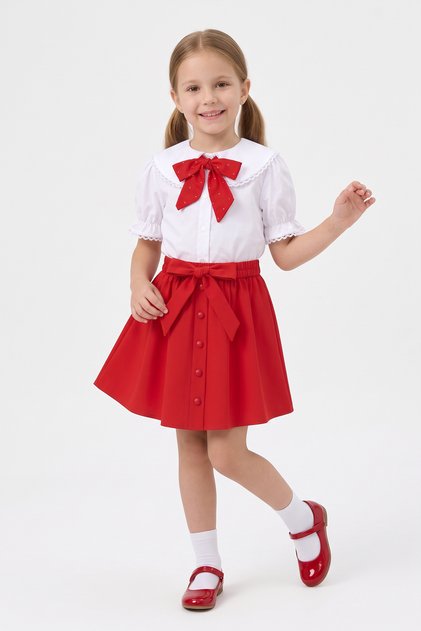 Girl's Red Scarf Polka Dot Doll Collar White Short Sleeve Shirt Red Bow Beaded Skirt April 23 October 29 Show Outfit