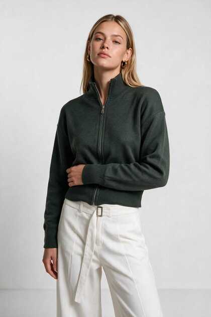 Zippered Knitwear Cardigan 4402 Lki̇0070 Haki̇