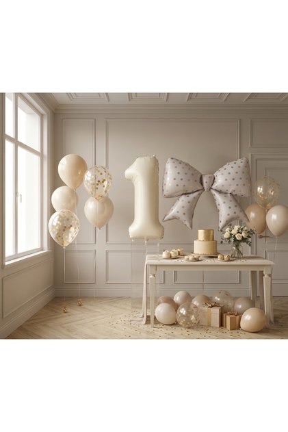 1 Yaş Doğum Günü Balon Seti –Bej Gold Konsept Doğum Günü Süsleme Seti