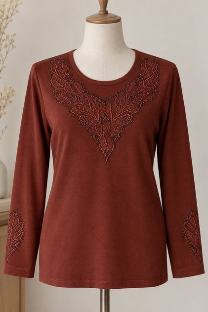Women's Luxury Mother's Combed Cotton Blouse with Stone Embellished Collar and Sleeves