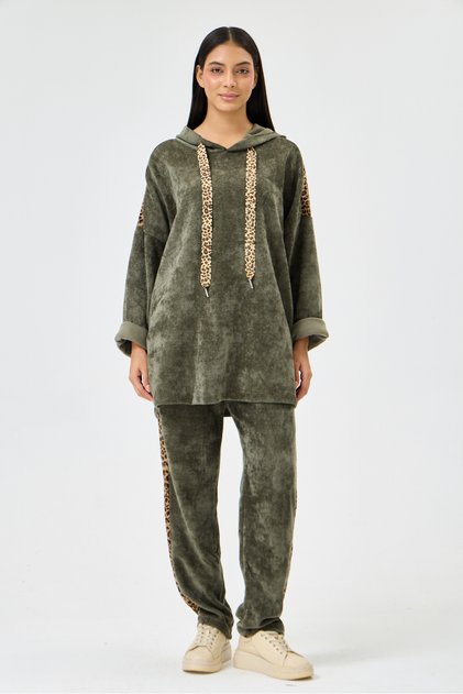 Women's Khaki Italian Large Size Leopard Pattern Hooded Bottom - Top Oversize Loose Velvet Set 40 - 48 Size