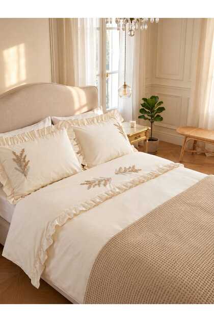 Trigo Beige Floral Embroidered Cotton Duvet Cover Set 7 Piece Modern Double Set with Runner
