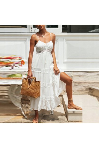 Rochie midi vaporoasă de plajă, albă, pentru zilele de vară, cu decolteu cu șiret, feminină.