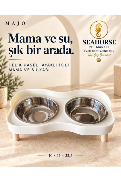 ÇELİK KASELİ AYAKLI İKİLİ MAMA VE SU KABI BEYAZ 10*17*32,5