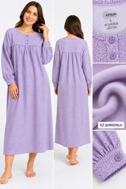 Large Size Long Sleeve Inner Layered Women's (Mom's) Nightgown with Heart Pattern and Buttoned Sleeve Cuffs, a Winter Product, 100% Cotton.