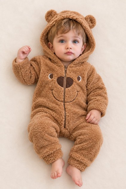 Baby Boy Jumpsuit with Teddy Bear Ears, Hooded Plush Zippered Baby Set