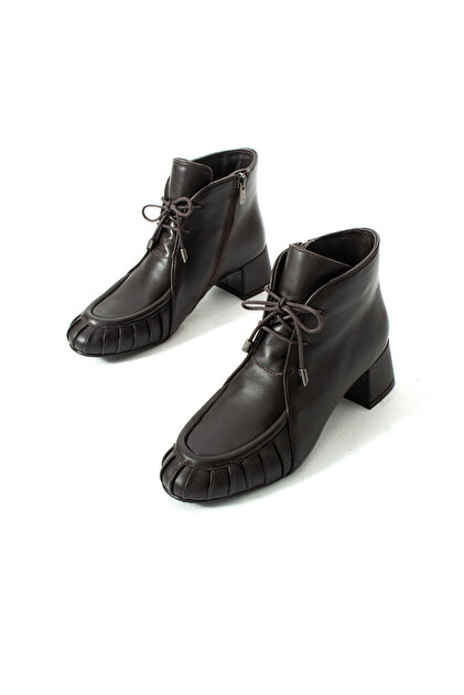 Nancy Genuine Leather Pleated Detailed Thick Heeled Brown Women's Boots