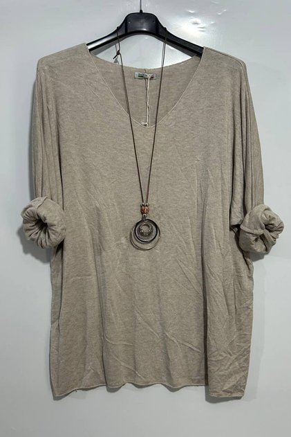 Women's Italian Beige V-Neck Oversize Loose Knitwear Blouse with Necklace Accessory