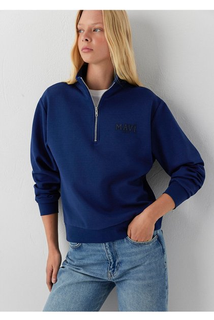 Zippered High-Neck Loose Fit Printed Women's Sweatshirt.