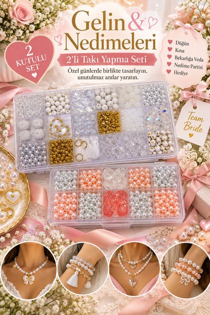 Gelin & Nedimeleri 2’li Takı Yapma Seti – İnci, Kristal ve Figür Boncuklu Özel Tasarım Seti 💍🎀✨