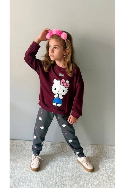 Kız Çocuk Bordo Baskılı Sweatshirt & Desenli Eşofman Altı 2’li Takım