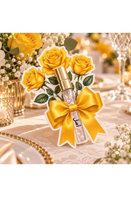 هدايا زفاف بعطر الورد الأصفر، 6 بطاقات و6 زجاجات عطر مملوءة | توزيعات عطر الورد الأصفر، ٦ قطع