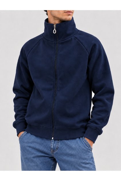 Men's Stand Collar Full Zip Sweatshirt Long Sleeve Ribbed Detailed Casual