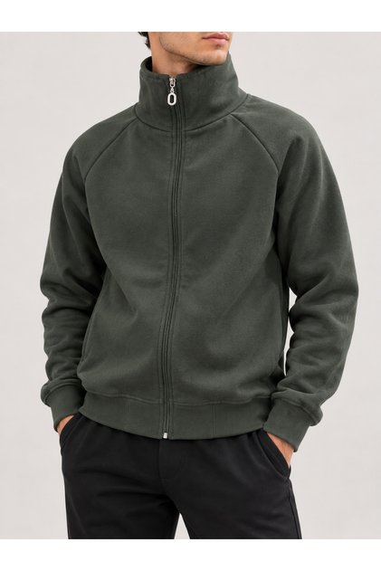 Men's Stand Collar Full Zip Sweatshirt Long Sleeve Ribbed Detailed Casual