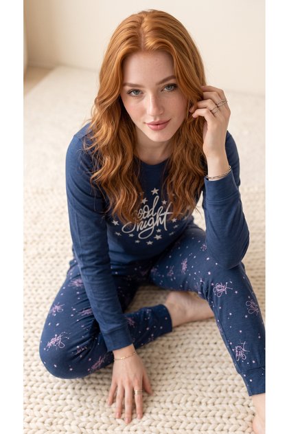 Navy Blue Crew Neck Thermal Women's Long Sleeve Pajama Set