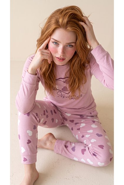 Pink Heart Patterned Crew Neck Thermal Women's Long Sleeve Pajama Set