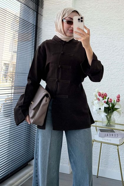 Premium Chinese Buttoned Mandarin Polyviscose Blouse - Brown