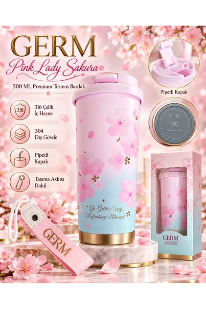 Pink Lady Sakura 500 ML Paslanmaz Çelik Termos Bardak – 316 İç Hazne, 304 Dış Gövde, Pipetli Kapak ve Taşıma Askısı