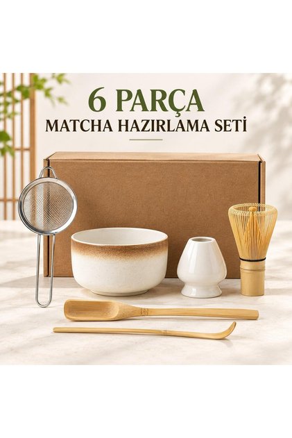 6 Parça Matcha Hazırlama Seti Bambu Çırpıcı Seramik Kase Süzgeç Ölçü ve Kaşık Kahve
