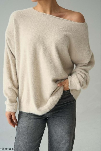 One-Shoulder Open Low Collar Cream Knitwear Sweater - Cream - Standard - St00544-Cream-Standard