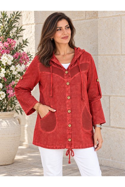 Women's Washed Cotton Fabric Capri Sleeve Folded Buttoned Hooded Jacket
