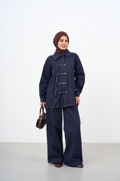 Women's Brit Buttoned Stitching Detail Shirt Collar Denim Suit Navy Blue