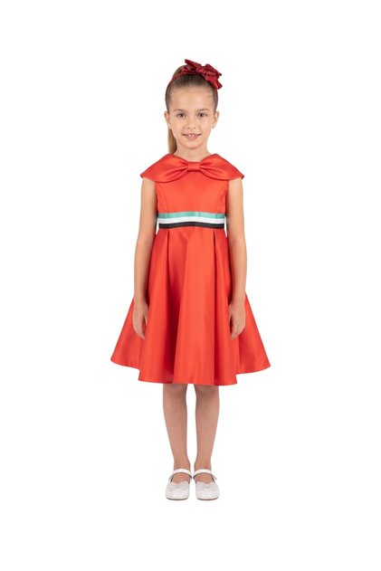National Day Flag Ribbon Waist Pleated Satin Party Dress