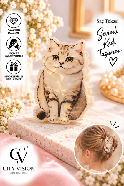 6 cm Bone Acetate Hair Clip with Real Cat Figure and Illustration - Stylish, Durable, Fun