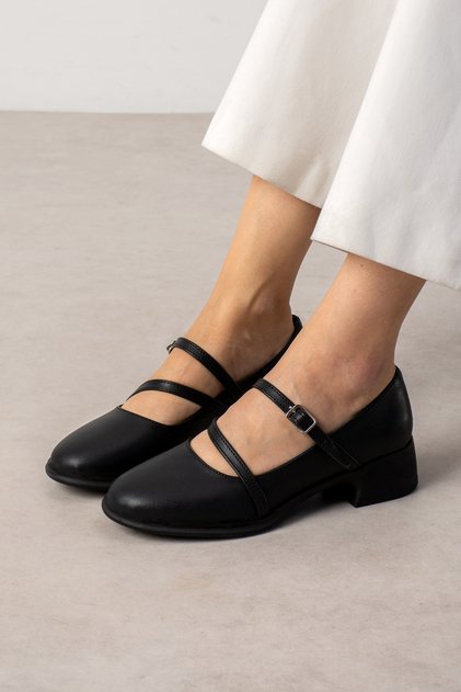 Ba04612 Black Rubber Two-Strap Casual 4 cm Heeled Ballerina Shoes - 40