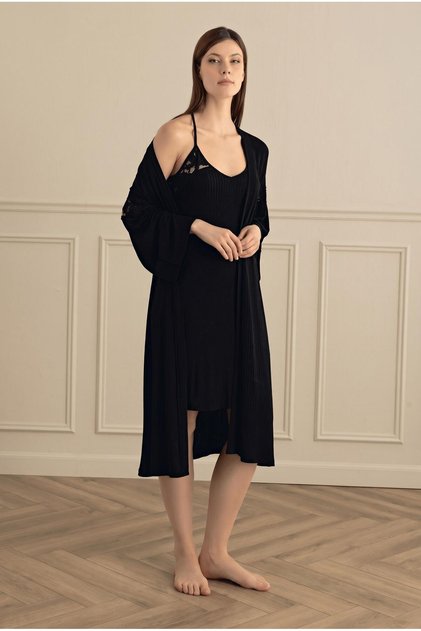 Women's Black Thin Strap Nightgown & Dressing Gown Set C8T8N181