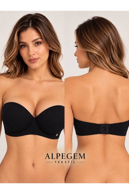 ALPEGEM Kadın Siyah Straplez Premium Kalite Destekli C Cup Soft Toparlayıcı Sütyen