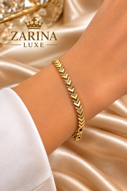 14K Kadın Gold Renk Zirkon Taşlı V Model Şık Bileklik