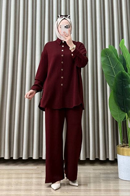 Zeren Takim Oysho Fabric Fabric Women's Burgundy Two-Piece Set with Openable Buttons and Hijab Pants