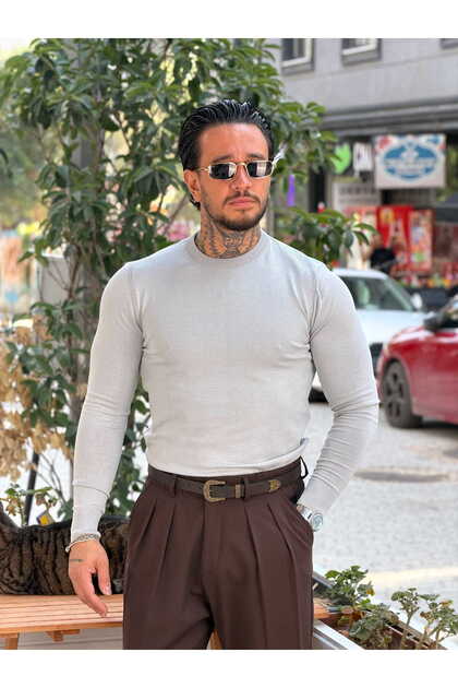 Crew Neck Long Sleeve Basic Knitwear Gray