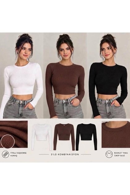 Women's 3-Piece Crew Neck Long Sleeve Camisole Ribbed Bodycon Crop Blouse