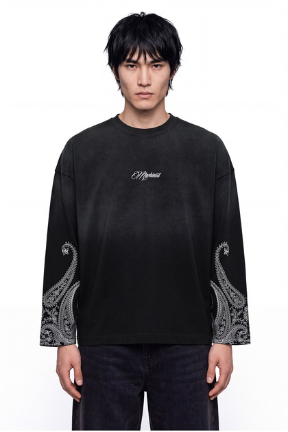 Men's Shawl Pattern Printed Oversize Long Sleeve T-Shirt Black