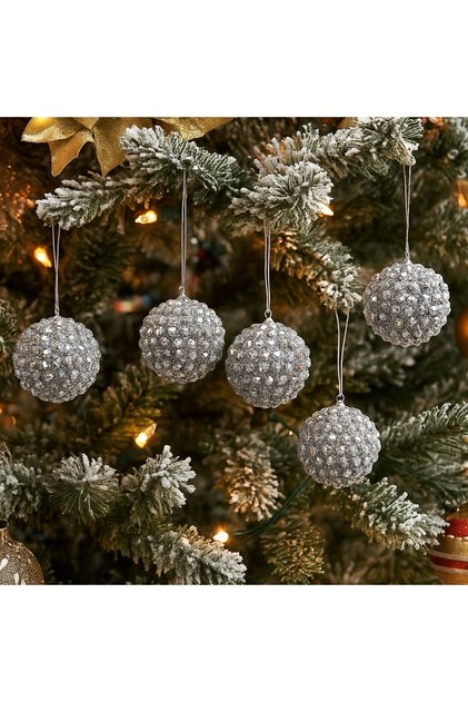 Set 6 globuri de Craciun din plastic cu pietricele si paiete, ornamente argintii pentru brad, 6cm
