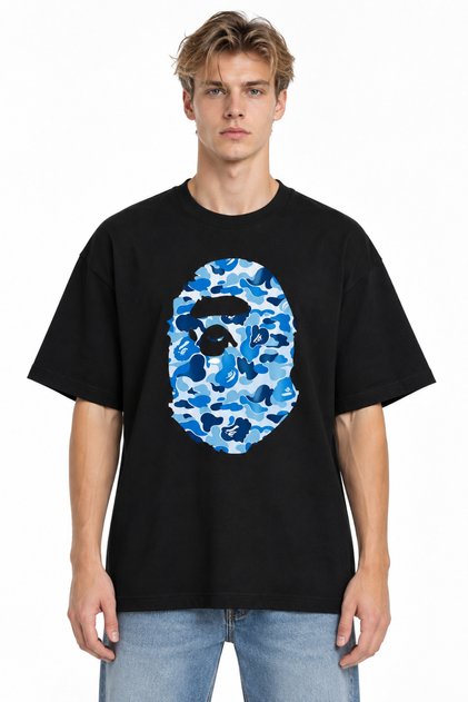 Unisex Women's Men's Bape Ocean Blue Patterned Design Printed Oversize Thick Fabric Relaxed Fit T-Shirt