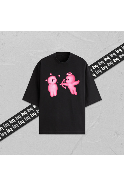 Pink Angel Eros Unisex Angel Printed Oversize T-Shirt 100% Cotton Women Men Crew Neck Black