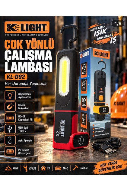 K Light KL-D92 Şarjlı COB LED Çalışma Lambası – Mıknatıslı, Askılı, 3 Kademeli, Type-C Şarjlı El Feneri