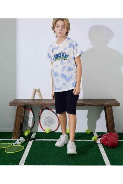 Boy's Blue Tie-Dye Patterned Shorts Set 3059-