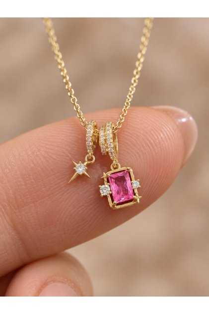 Pink Stone Star Charm Necklace Gold Color Zircon Detailed Women's Necklace