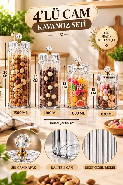 4’lü Cam Kavanoz Seti Kristal Kulplu Kapaklı Çay Kahve Şeker Baharatlık Saklama Kabı