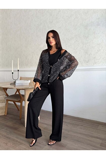 Women's Sequined Cardigan Detailed Modal; Three-Piece Set