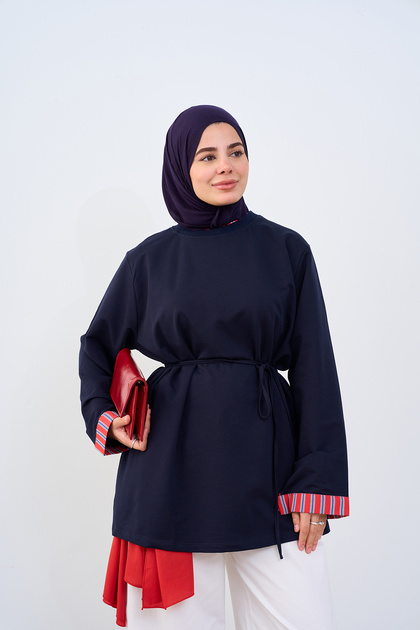Women's Sweatshirt with Striped Collar and Sleeves, Tie at the Waist, Navy Blue